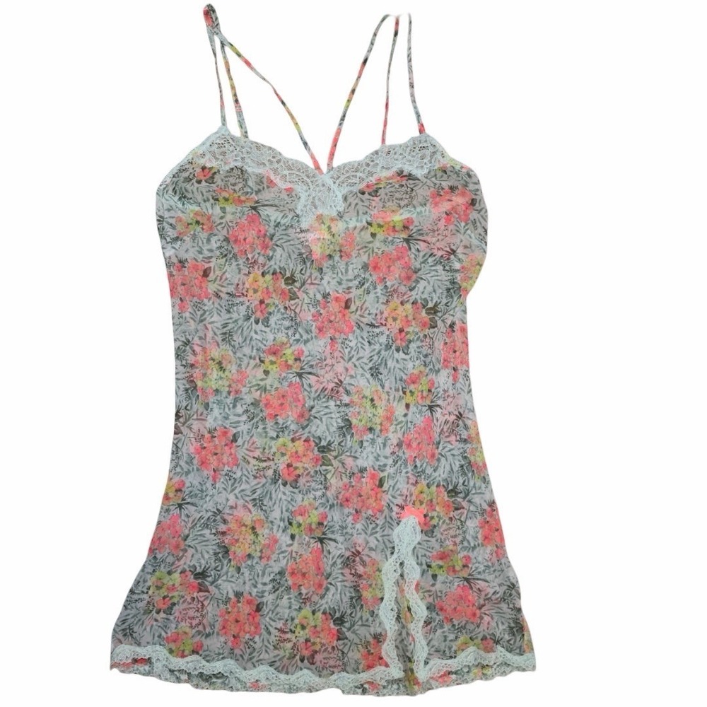 2015‎ Victoria's Secret floral satin chemise nightgown delicate lace trim XS
